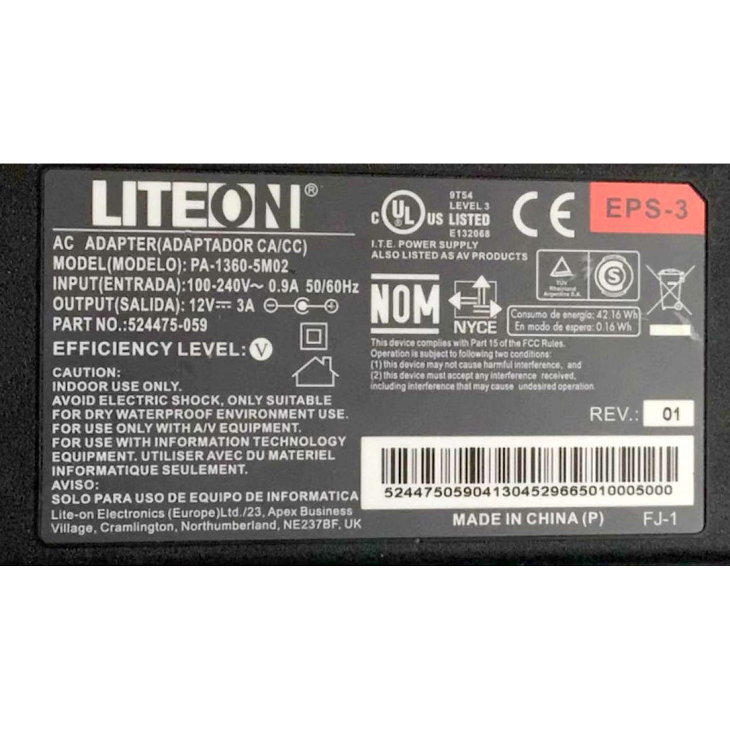 CARGADOR / ADAPTADOR DE FUENTE DE ALIMENTACION CA/CC  LITEON / NUMERO DE PARTE 524475-059 / ENTRADA VCA 100-240V~0.9A / 50/60HZ / SALIDA VCD 12V 3A / EPS-3 / MODELO PA-1360-5M02 - Imagen 2